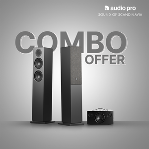 Audio Pro Sound of Scandinavia combo offer featuring two tall black floorstanding speakers and a smaller matching speaker on a gray gradient background with 'COMBO OFFER' text.