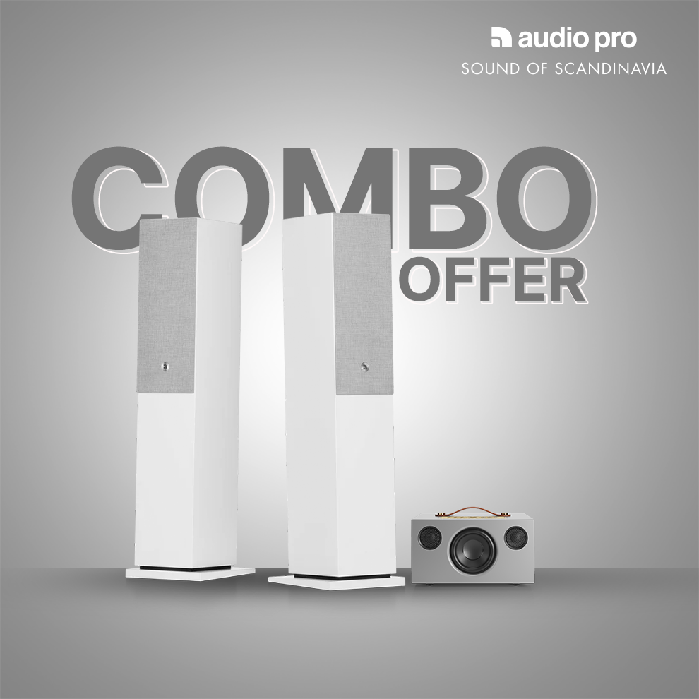 Audio Pro Sound of Scandinavia combo offer featuring two tall white and gray floorstanding speakers and a matching small speaker, set against a gray gradient background with 'COMBO OFFER' text.